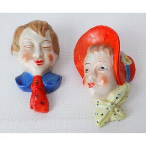 Vintage Ceramic Wall Pocket Planters Boy & Girl Faces Hand-Painted Made In Japan